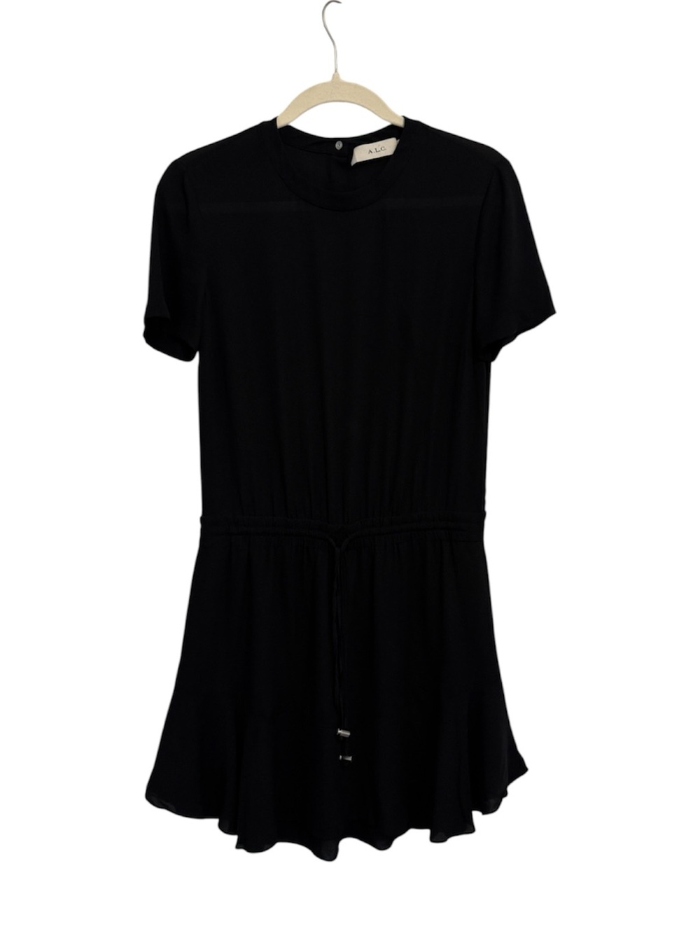 A.L.C. 100% Silk Black Mini Ruffle Dress Short Sleeve Tie at Waist Silver 2 S